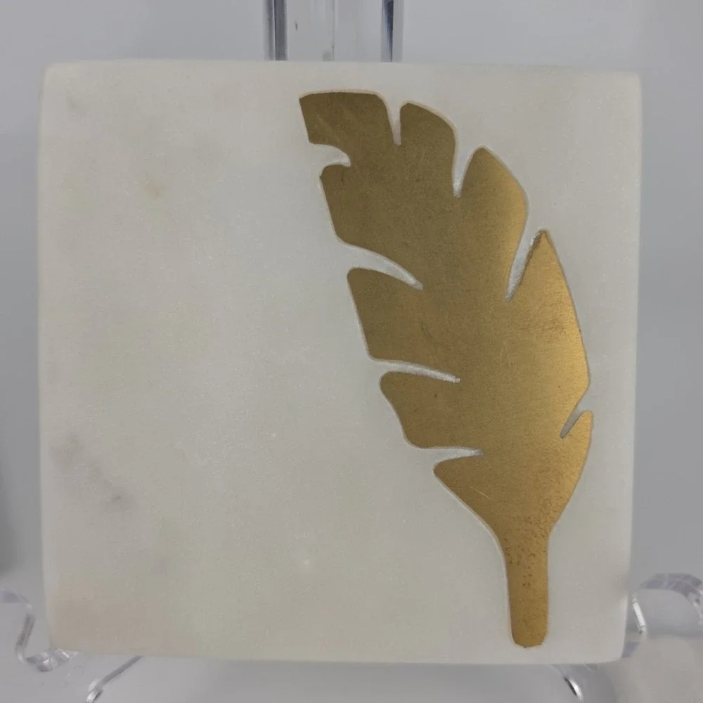 White Marble Coasters Set of 4 Gold Brass Leaf Inlay Square Decor